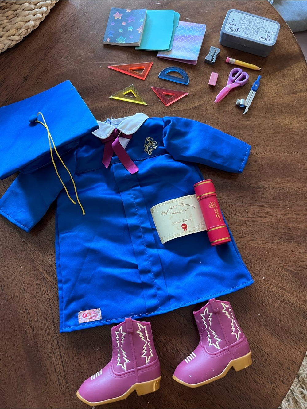Children's Graduation Dress-Up Outfit with Blue Gown & Pink Boots